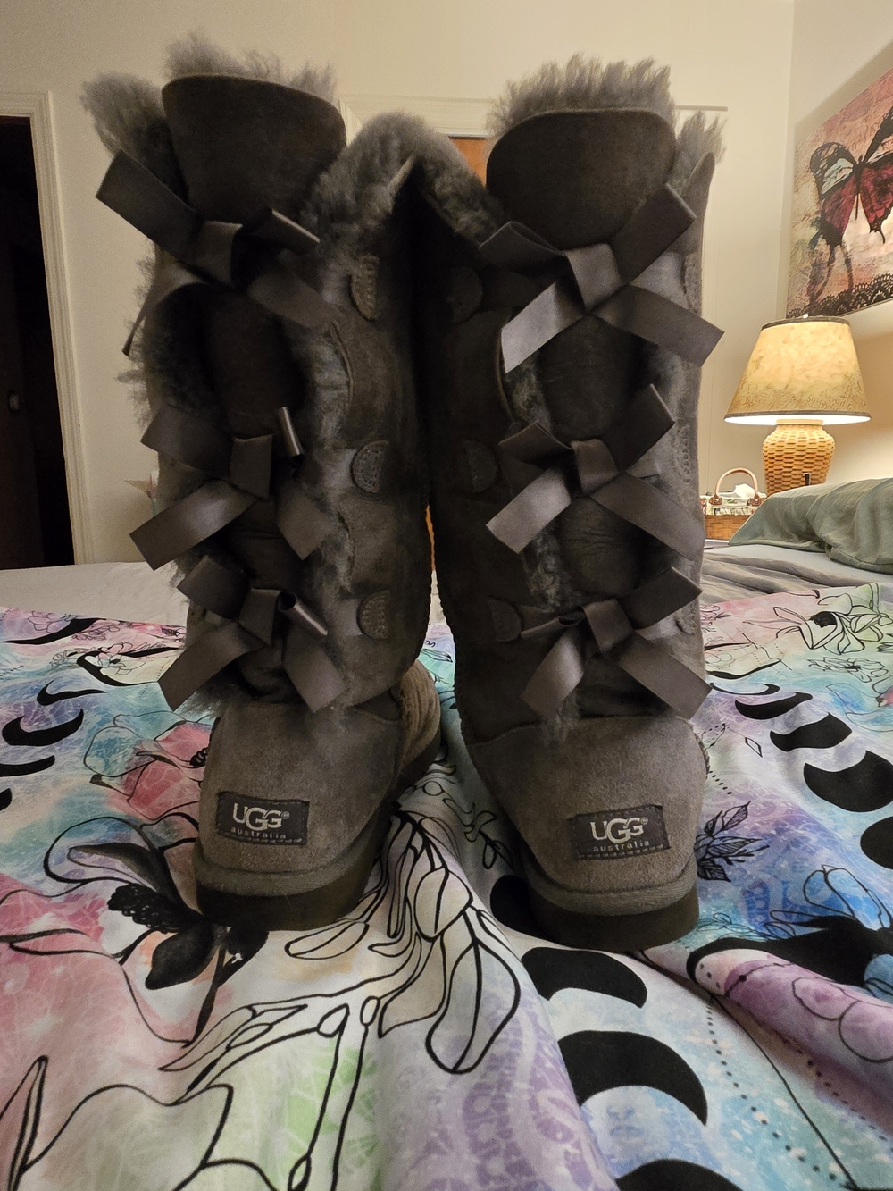 UGG Women's Grey Bailey Bow II Sheepskin Tall Boots